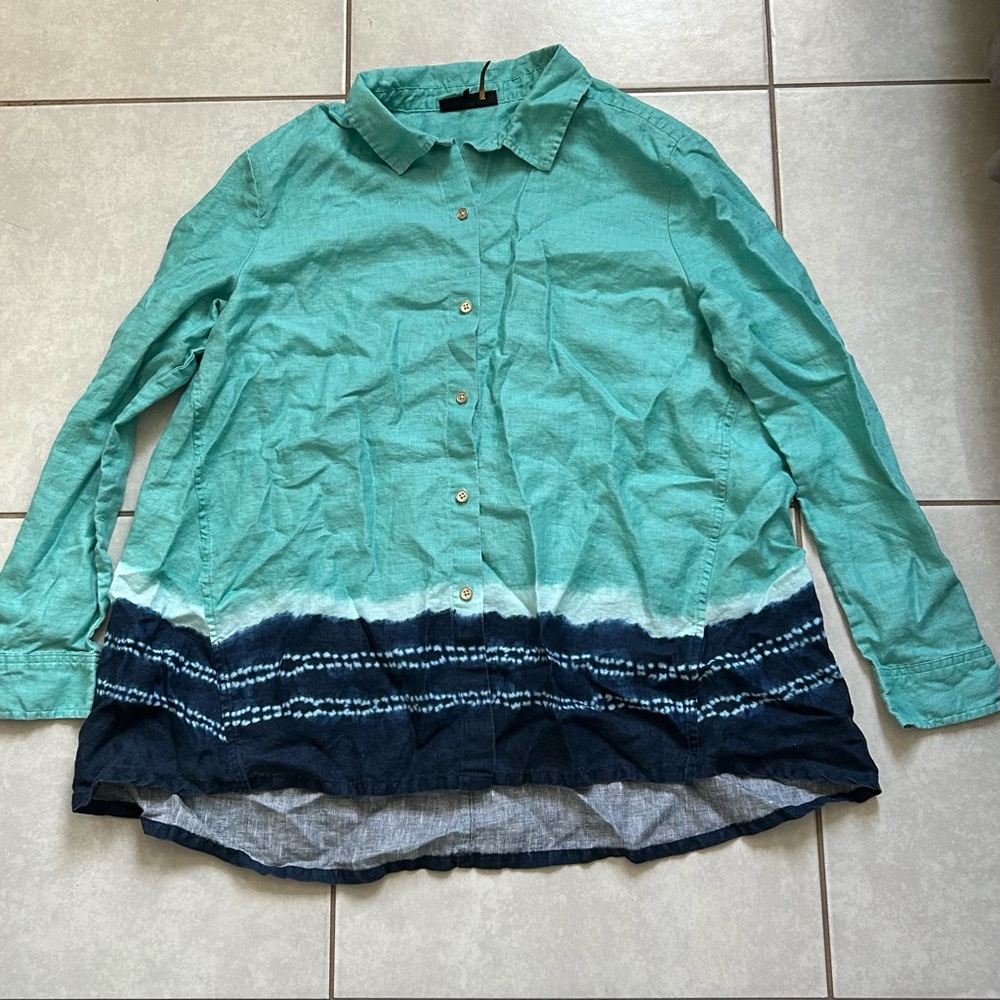 Donna Karan New York Women's Linen Lagenlook Blue Button Up Blouse